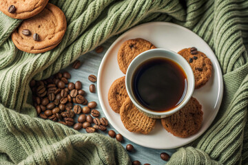Flat Lay Coffee and Cookie Scene, White Cup, Cozy Setup, Elegant Coffee and Cookie Flat Lay, White Cup, Cozy Setting, Romantic Coffee Scene, Soft Lighting, Cozy Decor