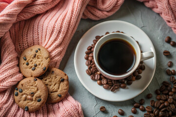 Flat Lay Coffee and Cookie Scene, White Cup, Cozy Setup, Elegant Coffee and Cookie Flat Lay, White Cup, Cozy Setting, Romantic Coffee Scene, Soft Lighting, Cozy Decor