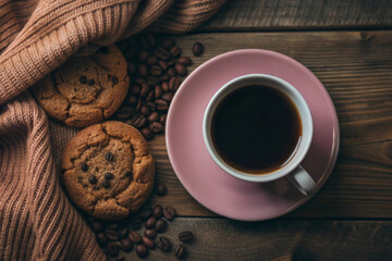 Flat Lay Coffee and Cookie Scene, White Cup, Cozy Setup, Elegant Coffee and Cookie Flat Lay, White Cup, Cozy Setting, Romantic Coffee Scene, Soft Lighting, Cozy Decor