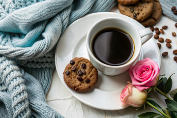 Flat Lay Coffee and Cookie Scene, White Cup, Cozy Setup, Elegant Coffee and Cookie Flat Lay, White Cup, Cozy Setting, Romantic Coffee Scene, Soft Lighting, Cozy Decor