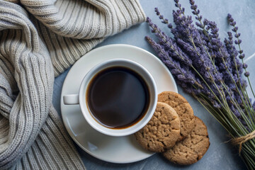 Flat Lay Coffee and Cookie Scene, White Cup, Cozy Setup, Elegant Coffee and Cookie Flat Lay, White Cup, Cozy Setting, Romantic Coffee Scene, Soft Lighting, Cozy Decor