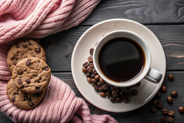 Flat Lay Coffee and Cookie Scene, White Cup, Cozy Setup, Elegant Coffee and Cookie Flat Lay, White Cup, Cozy Setting, Romantic Coffee Scene, Soft Lighting, Cozy Decor