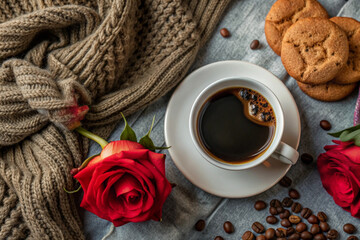 Flat Lay Coffee and Cookie Scene, White Cup, Cozy Setup, Elegant Coffee and Cookie Flat Lay, White Cup, Cozy Setting, Romantic Coffee Scene, Soft Lighting, Cozy Decor