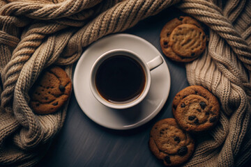 Flat Lay Coffee and Cookie Scene, White Cup, Cozy Setup, Elegant Coffee and Cookie Flat Lay, White Cup, Cozy Setting, Romantic Coffee Scene, Soft Lighting, Cozy Decor