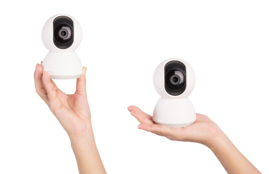 Hand hold wireless security camera on white background.