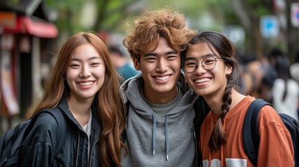 Obraz premium Positive korean students friends portrait image. Happy japanese man and women together picture photorealistic photography. Cheerful young people activities concept photo realistic