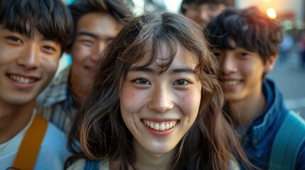 Fototapeta premium Smiling asian woman with male friends portrait image. Happy young people spending time together in city picture photorealistic photography. Students lifestyle concept photo realistic
