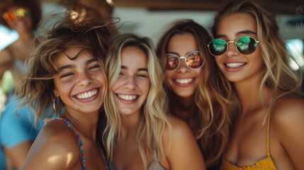Fototapeta premium Smiling blonde ladies group on vacation portrait image. Positive young caucasian women at summer party picture photorealistic photography. Having fun together concept photo realistic