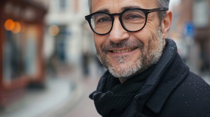 Obraz premium A man wearing glasses and a black coat is smiling