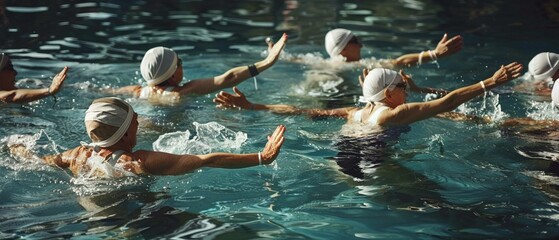 A group of older women practicing synchronized swimming, a display of grace and teamwork