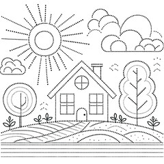Obraz premium A house is in the middle of a field with trees and a sun in the background