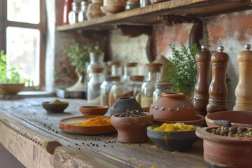 spices and herbs in traditional kitchen setting