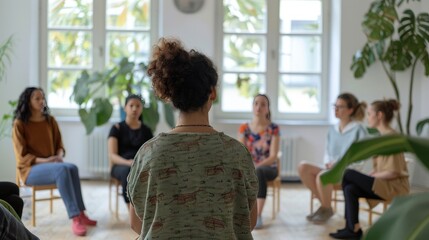 Group therapy session in a bright room, back view of a woman leading, with participants seated in a circle, attentively listening