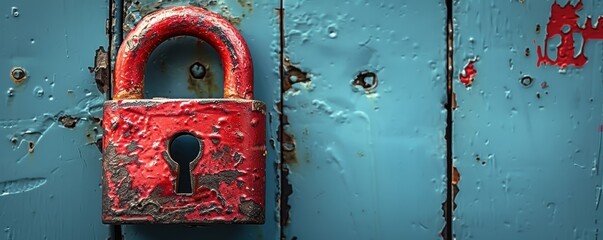 An old weathered red padlock on a distressed blue wooden surface showing signs of wear and rust, symbolizing security, protection, and resilience over time