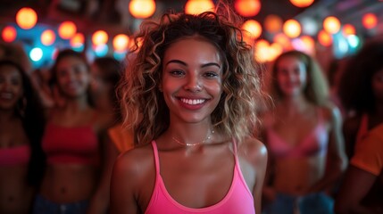 Smiling afro american lady with multicultural friends in club portrait image. Black female at night party picture photorealistic photography. Besties having fun concept photo realistic