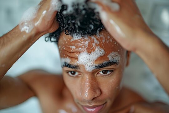 Close-up of a young man lathering his hair with shampoo, focused on personal hygiene