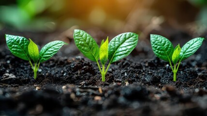 Fresh green seedlings emerging from rich soil, symbolizing growth and new beginnings in nature.