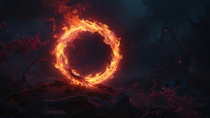 Fototapeta premium A circle of fire in a fantastic dark space.