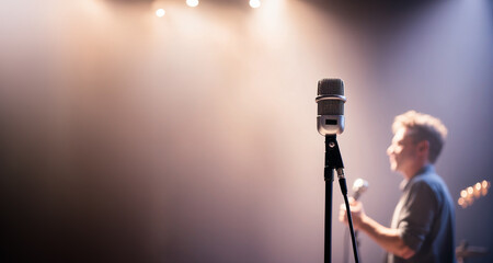 Obraz premium Close up of a vintage microphone with blurred background of a concert stage and musician with glittering lights , horizontal banner with copy space for text , AI Generated