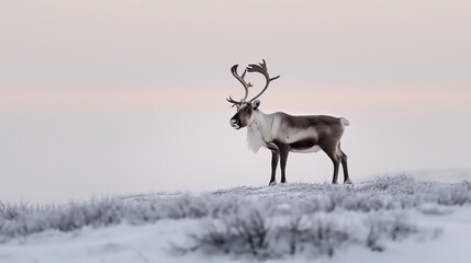 Fototapeta premium lone reindeer standing on a frost-covered ridge