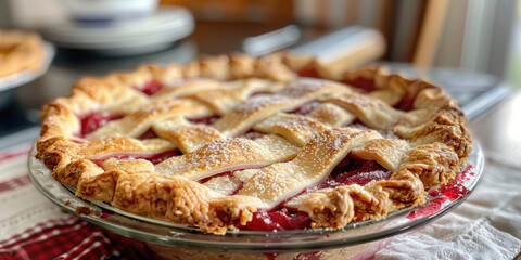 delicious morceau strawberry rhubarb pie. AI generative.