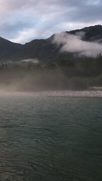 Beautiful Panoramic View of Isonzo River at the Sunset during a Sunny Summer Day. Tolmin, Slovenia