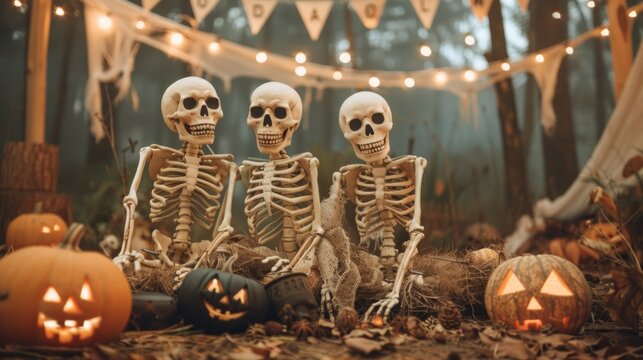 Three skeletons are sitting on the ground next to pumpkins and lanterns
