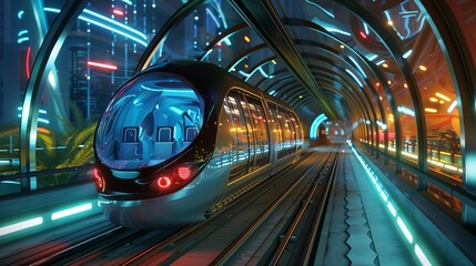 Urban Innovation Futuristic Monorail Tunnel with Interactive Voting Displays
