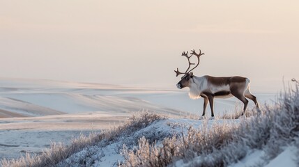 lone reindeer standing on a frost-covered ridge