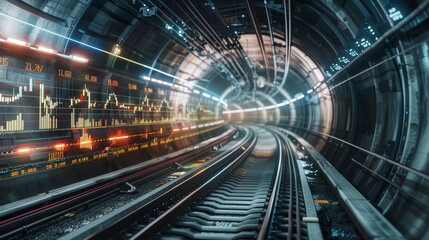 Fototapeta premium Dynamic Financial Journey Commuter Rail in Tunnel with Live Stock Exchange Data