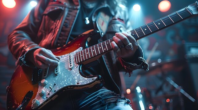 A close-up shot of a guitarist playing an electric guitar on stage, wearing a leather jacket with rings on fingers, perfect for use in music promotions, concert posters, and rock band themes,