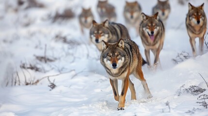 Naklejka premium pack of wolves trekking through the snowy tundra