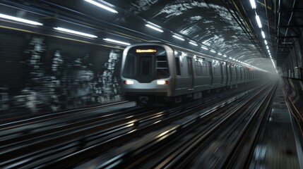 Obraz premium Sleek and Speedy Futuristic Commuter Train Racing Through WeatherAdorned Tunnel