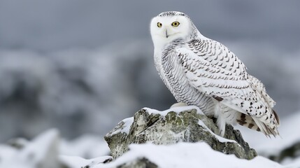 Fototapeta premium snowy owl perched on a snow-covered rock