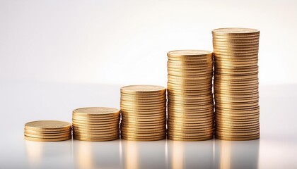A collection of golden coins stacked in increasing height, symbolizing growth, prosperity, and wealth accumulation.