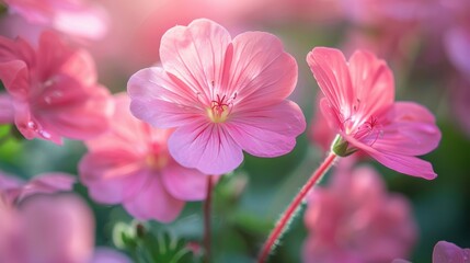 A close-up view of vibrant pink flowers in full bloom, showcasing delicate petals and subtle textures against a lush green background on a bright sunny day