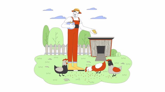 Asian countryman chicken feeding line cartoon animation. Agriculture activity 4K video motion graphic. Farm poultry farmer guy sprinkling food 2D linear animated character isolated on white background