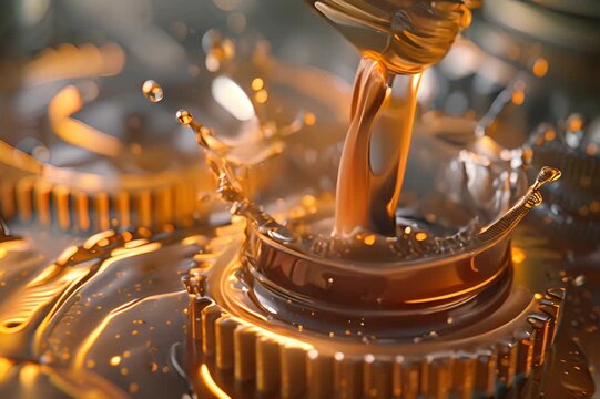 A splash of oil is dripping from a gear. The oil is thick and golden, and it is splashing onto the gears below.