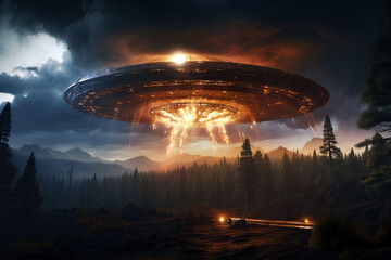 An alien UFO spaceship hovering over the forest area at night, with astonished people gazing up at the mysterious craft.