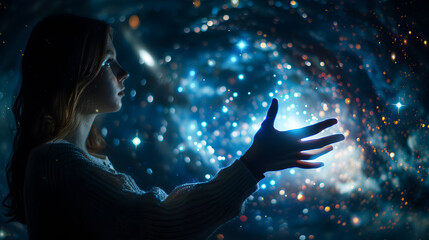 Woman hand touching The metaverse universe,Digital transformation conceptual. Generative Ai.