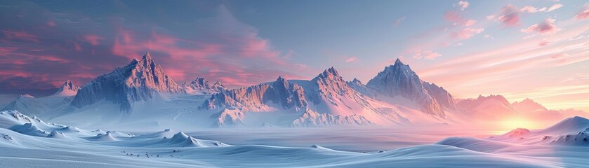 Winter wonderland with snowy mountain peaks at sunrise, majestic mountains, serene winter landscape