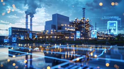 Twilight Glow Futuristic EcoFriendly Power Plant with Digital Sustainability Metrics