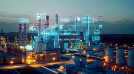 Twilight Glow Futuristic EcoFriendly Power Plant with Digital Sustainability Metrics