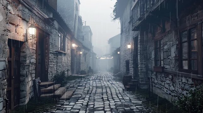 Blocked pathway between medieval houses in a misty landscape, creating a mysterious and atmospheric scene
  Seamless looping 4k time-lapse virtual video animation Generated AI