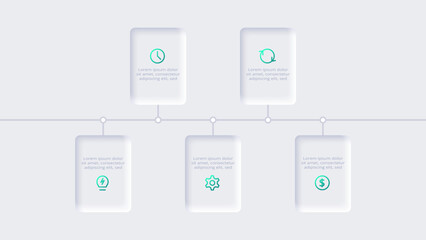 Neumorphic flowchart infographic.  Creative concept for infographic with 5 steps, options, parts or processes. Template for diagram, graph, presentation and chart.