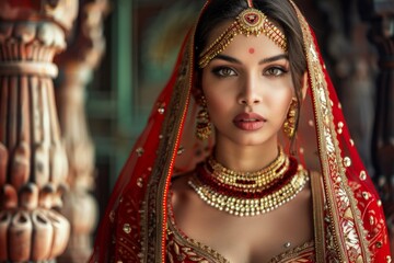 Obraz premium Beautiful Indian woman in traditional lehenga choli or sari, adorned with exquisite kundan jewelry set, highlighting timeless elegance and ethnic fashion.