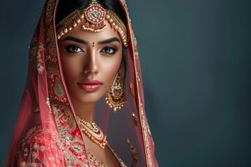 Beautiful Indian woman in traditional lehenga choli or sari, adorned with exquisite kundan jewelry set, highlighting timeless elegance and ethnic fashion.