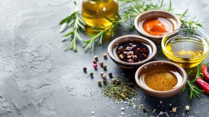 Olive Oil, Vinegar, and a Selection of Spices and Herbs