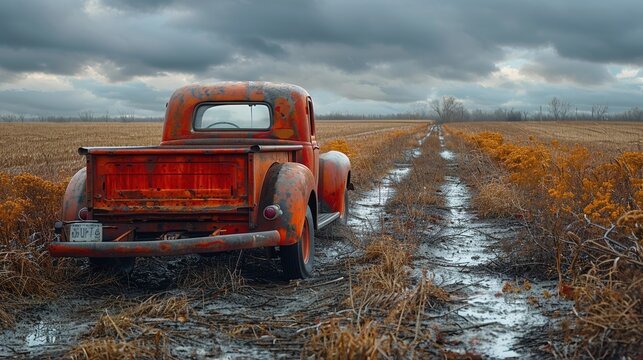 An old rusty orange truck abandoned in the middle of a muddy field road under a gloomy sky with overcast clouds and brownish landscape in the background - Powered by Adobe