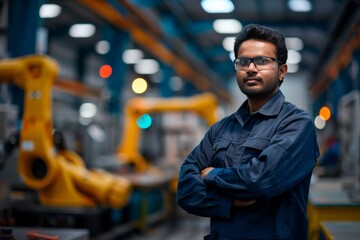 Confident Indian engineer in safety attire, standing with arms crossed in a modern manufacturing facility. CNC machines and robotic arm in background, showcasing technological innovation.